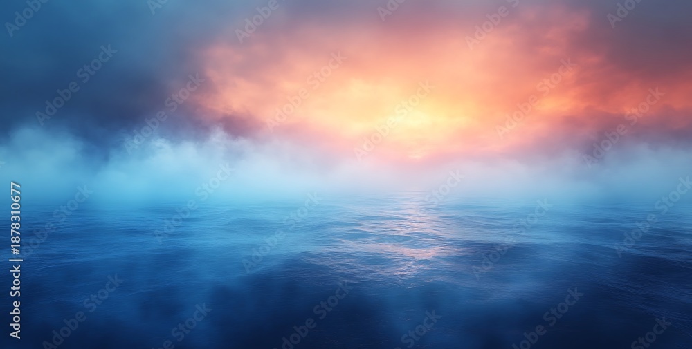 Obraz premium Ethereal Ocean Mist With Fiery Sunset Sky Horizon water
