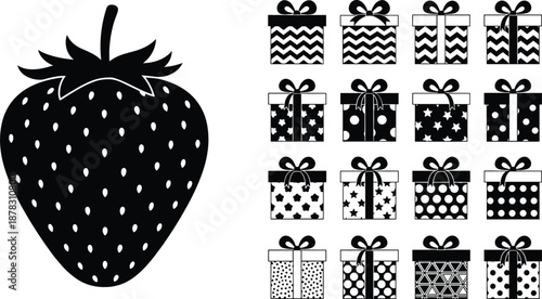 Vector set featuring a black strawberry silhouette and sixteen patterned gift boxes with bows for holidays and celebrations