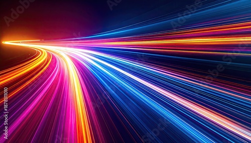 Dynamic perspective of colorful light trails representing speed and movement against a dark background