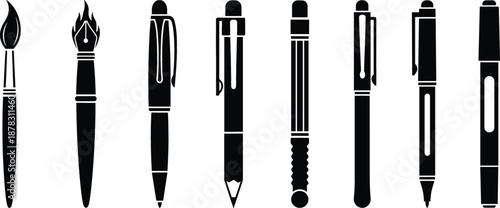 Vector set of black silhouettes featuring writing and art tools including paintbrushes fountain pens pencils and markers