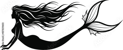 Black silhouette of a graceful mermaid with long flowing wavy hair and a stylized tail swimming in profile