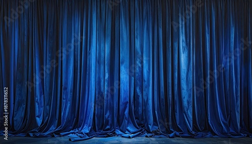 Deep blue theater curtains, stage background. Rich textures and subtle lighting create depth