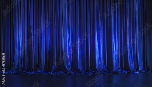 Deep blue theater curtains form the backdrop with subtle lighting and soft folds