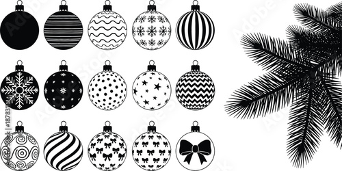 Vector set of black and white Christmas bauble silhouettes with various patterns and a decorative pine tree branch