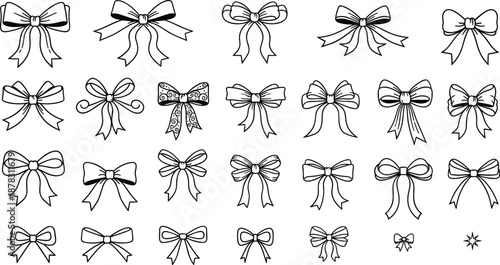 Vector set of decorative black and white line art ribbon bows in various styles for gift wrapping and decoration