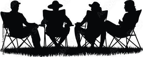 Friends camping together silhouette sitting on folding chairs outdoor leisure relaxation concept summer vacation social gathering black vector illustration design