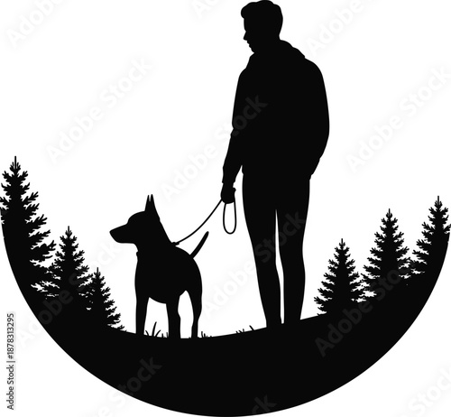 Man standing with dog silhouette in forest landscape outdoor walking concept nature adventure pine trees black vector illustration minimal design