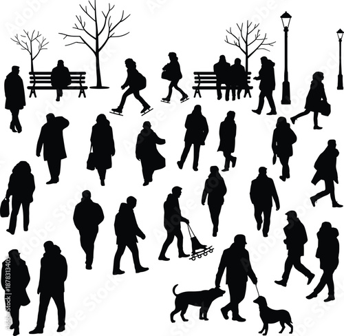 Urban park people silhouettes walking sitting with dogs benches trees and street lamps winter outdoor city life vector illustration set