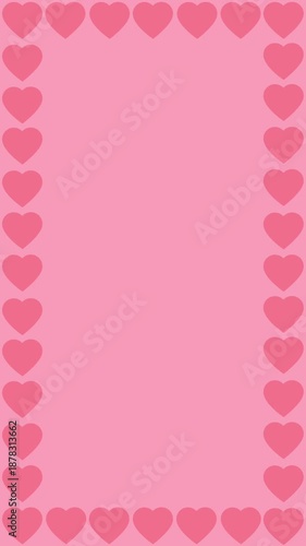 Heart symbol frame animation with a vertical pink color screen and empty area for text or title of a Valentines day theme
