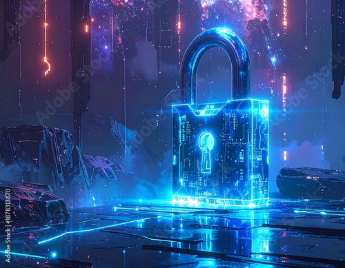 A futuristic digital padlock with blue neon lights in a dark cyberpunk environment