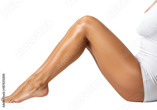 Tanned skin Woman show legs knee bare foots toe on transparent background 