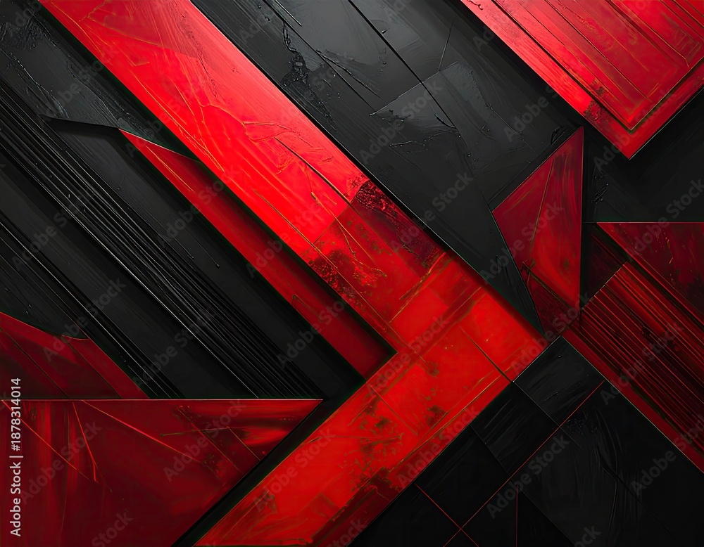 Fototapeta premium Abstract geometric composition, sharp angles, vibrant red intersecting with textured black shapes