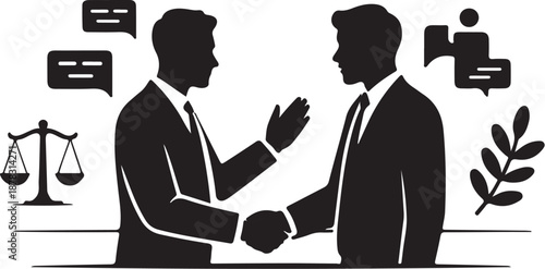 Two men in suits shaking hands with scales and speech bubbles