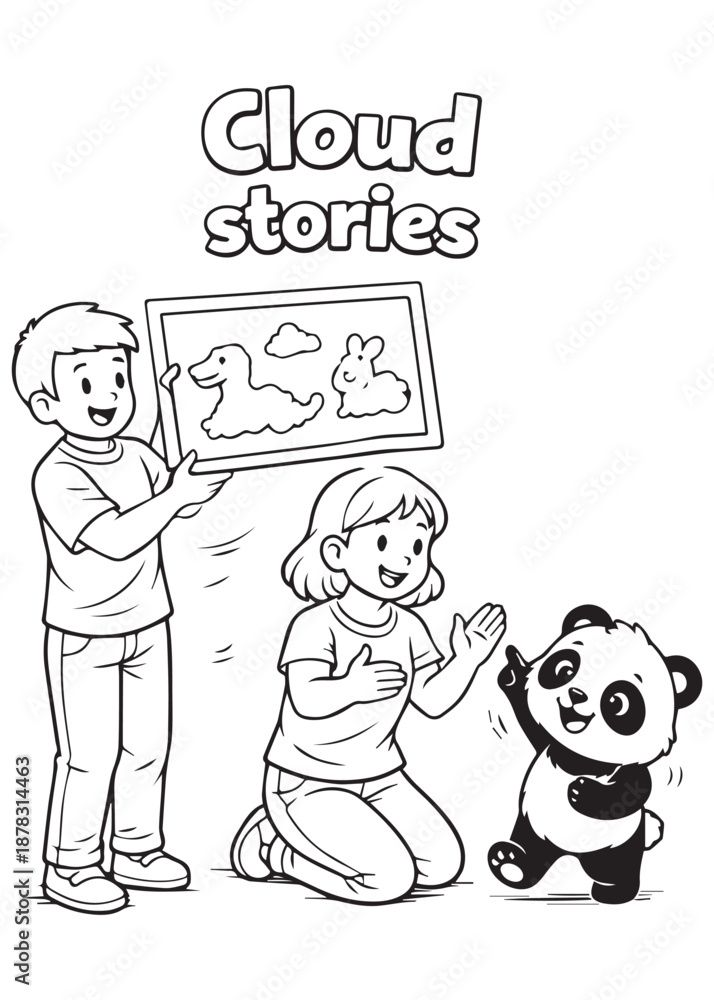 Fototapeta premium coloring book family telling cloud stories with a cute panda, imagination and storytelling activity in clean black and white line art for kids