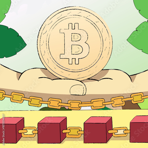 Bitcoin symbol floating above blockchain