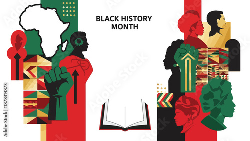 A vibrant Black History Month graphic with diverse figures