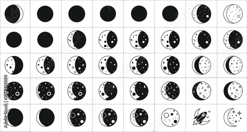 Moon phases illustrations with crater details and rocket launch