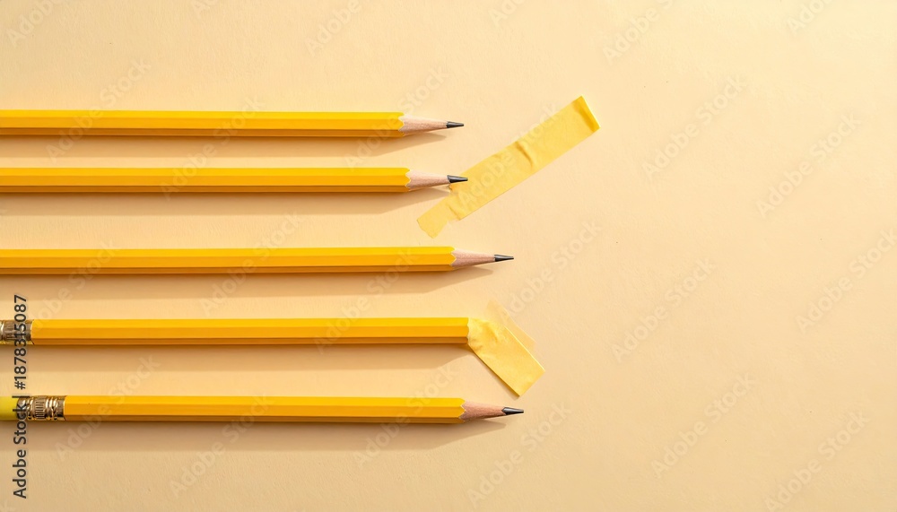 Obraz premium Several pencils of a uniform yellow, with tape accents, lie on a plain, textured, cream background