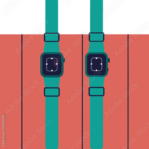 Two smartwatches with turquoise bands on red background