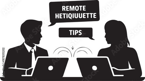 Two people working on laptops with remote etiquette tips