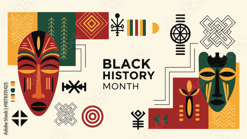 A vibrant celebration of Black History Month with masks and patterns