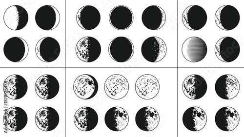Moon phases illustrated in detailed black and white vector graphics