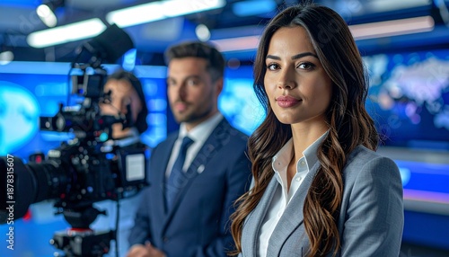 Attractive News Anchor in Gray Suit with Camera Crew at Television Studio Backdrop in Blue Theme and Professional