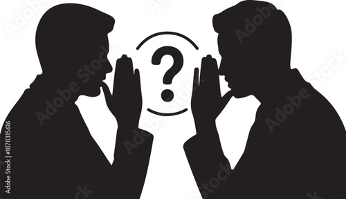 Two silhouettes whispering with a question mark between them