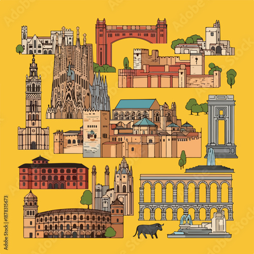 A vibrant collage of Spanish landmarks on a yellow background