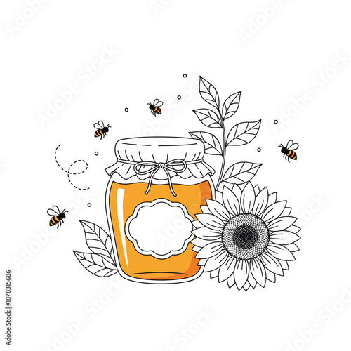 Charming illustration of a honey jar surrounded by a beautiful sunflower, lush leaves, and busy honeybees.