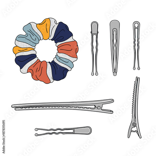 Assortment of trendy hair accessories including a colorful scrunchie and various metal hairpins and clips.