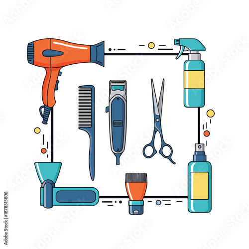 Colorful collection of professional hairdresser tools, including a hairdryer, clippers, and scissors, arranged in a square frame.