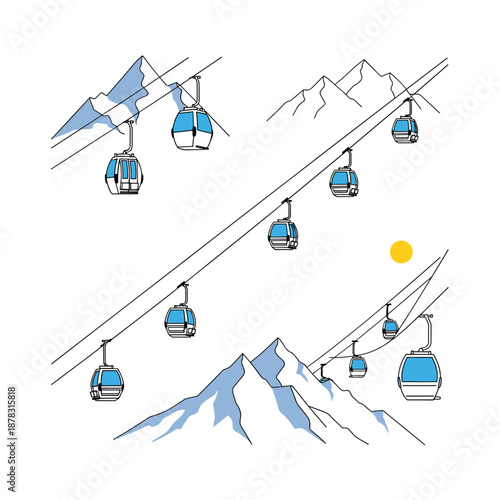 Minimalist illustration of ski lift gondolas moving gracefully over majestic snowy mountains with a shining sun.