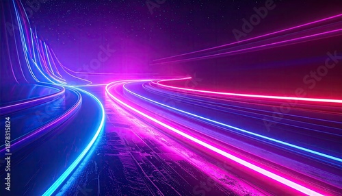Abstract, futuristic digital art featuring glowing, curved lines in neon blue, pink, and purple