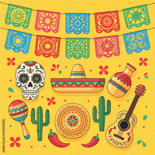 A vibrant collection of mexican festive items on yellow