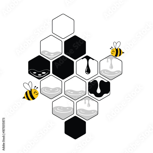 Creative illustration of a honeycomb with cells filled with liquid honey or nectar, surrounded by busy bees.