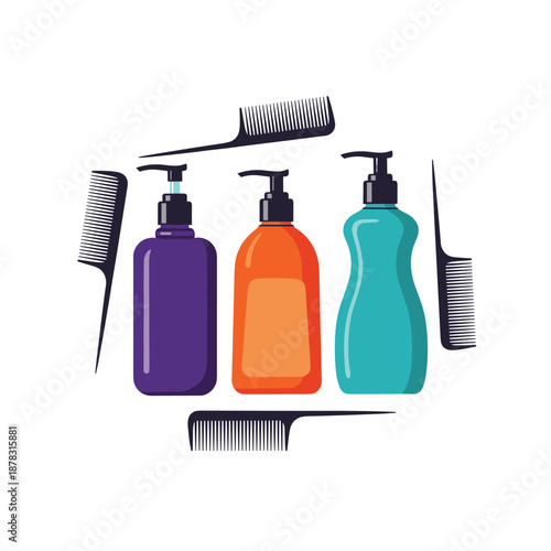Collection of colorful shampoo and conditioner bottles surrounded by professional styling combs, symbolizing hair care.