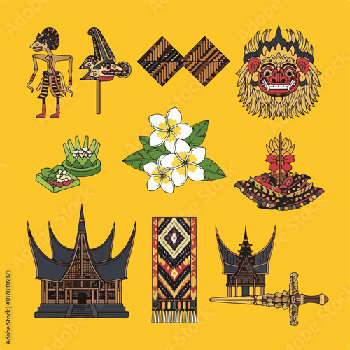 A vibrant collection of traditional Balinese cultural symbols