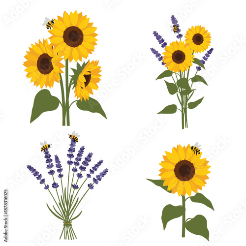 Beautiful collection of four floral arrangements featuring vibrant sunflowers and fragrant lavender, with buzzing bees.