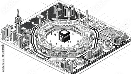 Detailed isometric illustration of Masjid al-Haram in Mecca