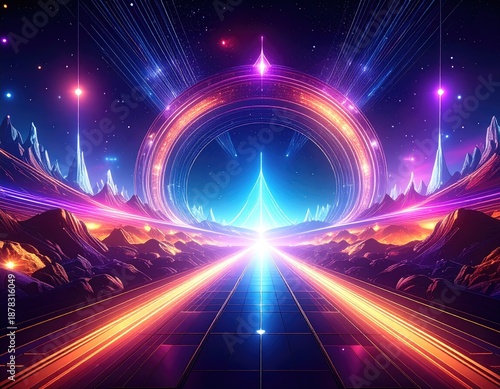 Futuristic sci-fi scene of vibrant light streaks and portal within a cosmic setting