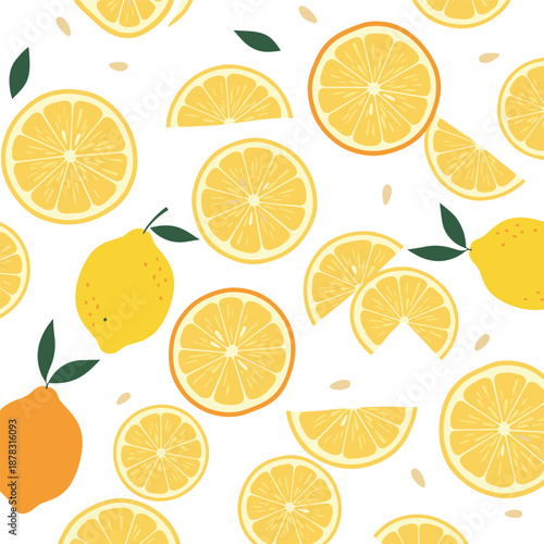 Vibrant seamless pattern featuring a delightful assortment of whole and sliced lemons and oranges with scattered seeds.