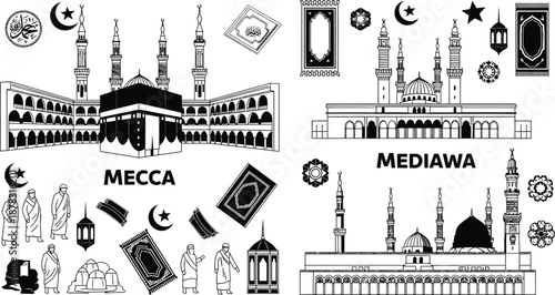 Islamic architecture and symbols illustrations set