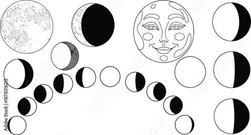 Moon phases illustration with smiling face in black and white