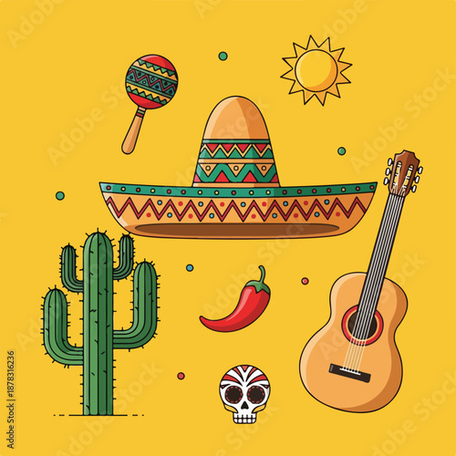 A vibrant digital illustration of a festive Mexican scene