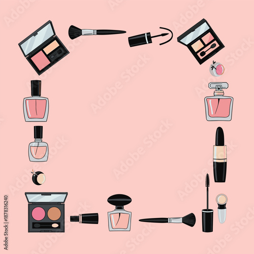 Stylish square frame illustration featuring an array of makeup products and perfume bottles on a soft pink background.