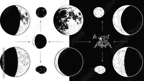 Moon phases with lunar module on black and white background
