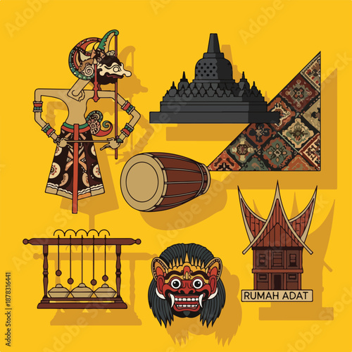 A vibrant digital illustration of colorful Indonesian cultural symbols