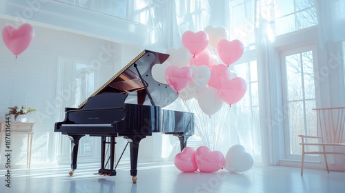 The Grand Black piano in hall, red background,valentine day,player keyboard musician artist concert concept,copy space.