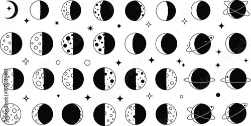 Moon phases and planets in space with stars and celestial bodies